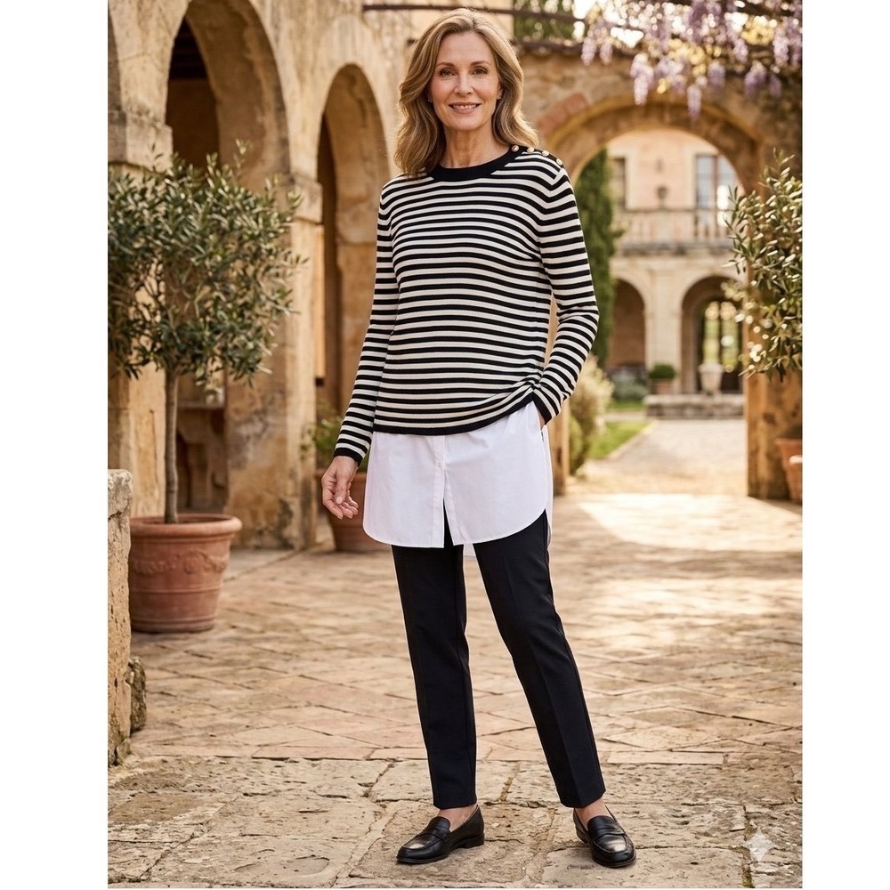 Lauren Ralph Lauren Striped Wool Sweater Layered Look Gold Button Navy 1X